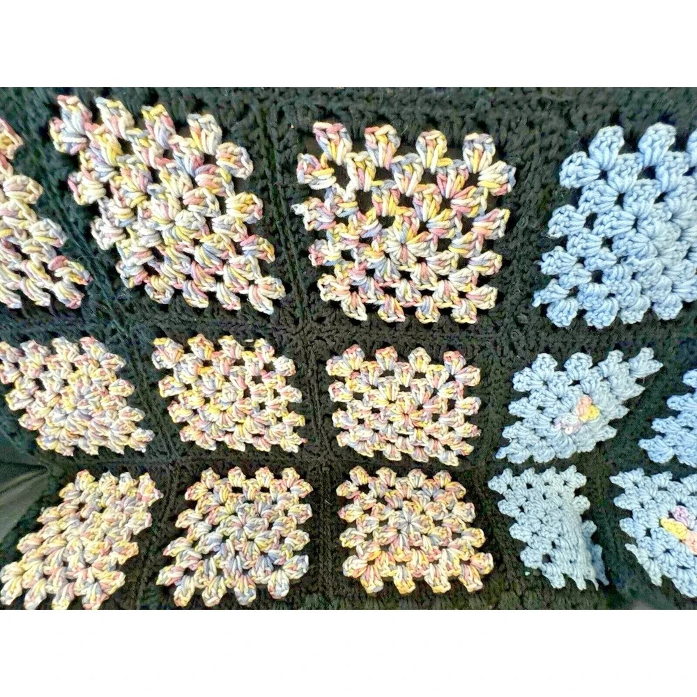 Granny Square Afghan Blanket Throw Handmade Crochet Blues White Black 48x36
